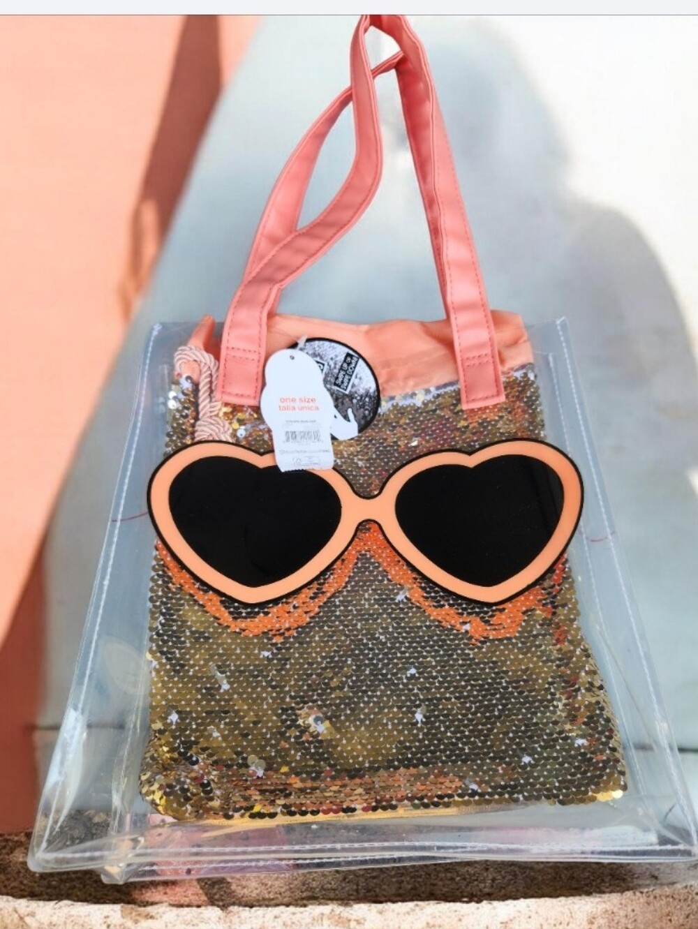 wonder nation Clear Tote with Peach Handles and Gold Sequin Pouch■ No Offers ■